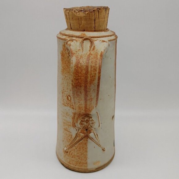 John Natale Vintage Pottery Brown Beige Clay Carafe with Cork Lid 7 Wine Cups - Picture 7 of 12
